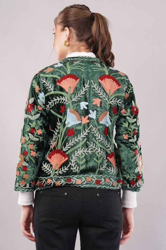 Embroidered Green Cotton Jacket – Vibrant Floral Motifs & Heritage-Inspired Artisan Outerwear