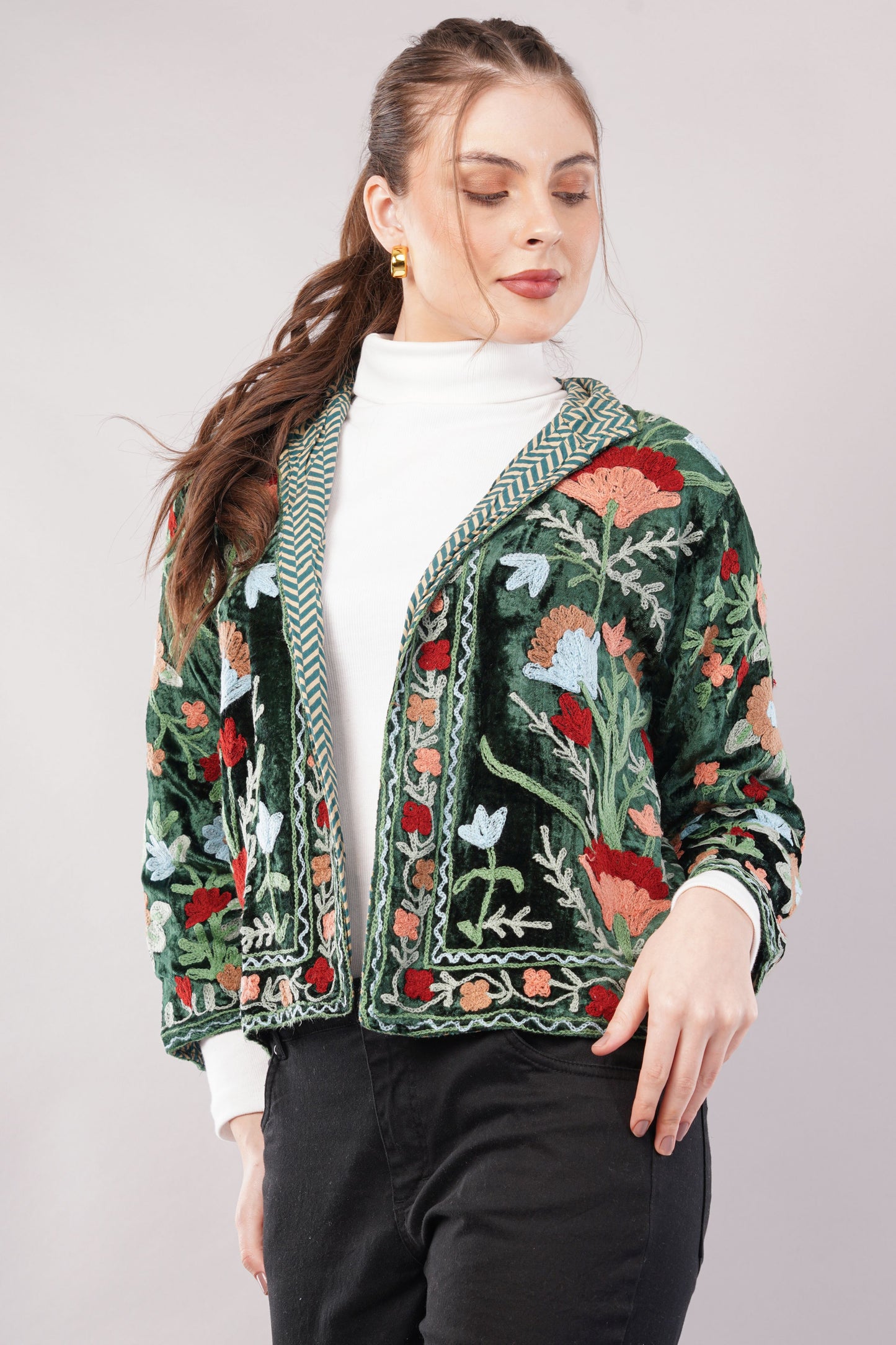 Embroidered Green Cotton Jacket – Vibrant Floral Motifs & Heritage-Inspired Artisan Outerwear