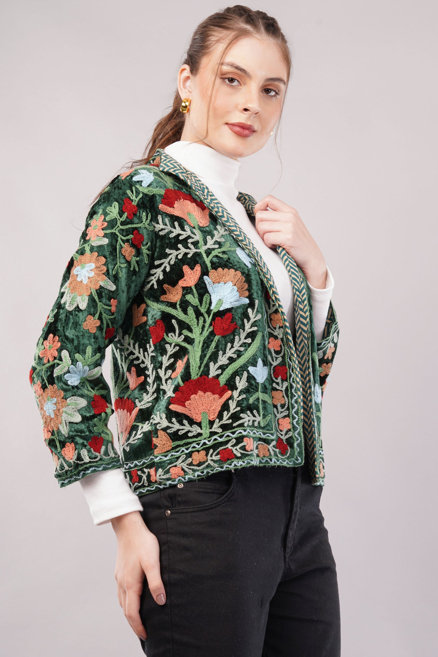 Embroidered Green Cotton Jacket – Vibrant Floral Motifs & Heritage-Inspired Artisan Outerwear
