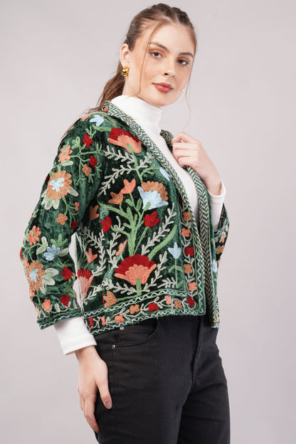Embroidered Green Cotton Jacket – Vibrant Floral Motifs & Heritage-Inspired Artisan Outerwear