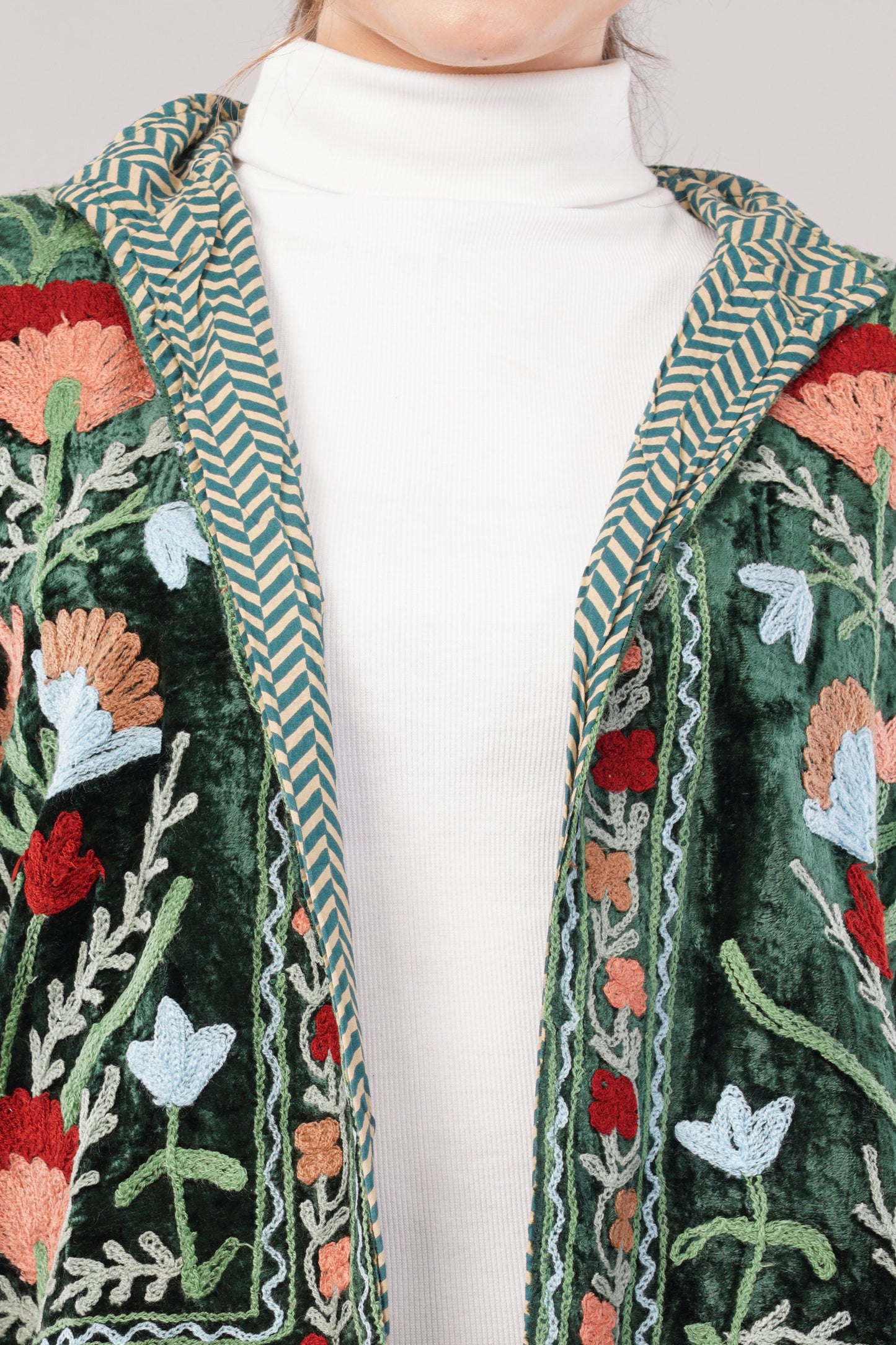 Embroidered Green Cotton Jacket – Vibrant Floral Motifs & Heritage-Inspired Artisan Outerwear