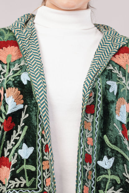 Embroidered Green Cotton Jacket – Vibrant Floral Motifs & Heritage-Inspired Artisan Outerwear