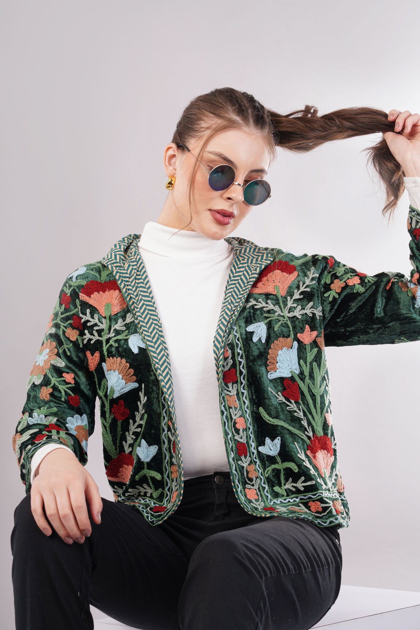 Embroidered Green Cotton Jacket – Vibrant Floral Motifs & Heritage-Inspired Artisan Outerwear