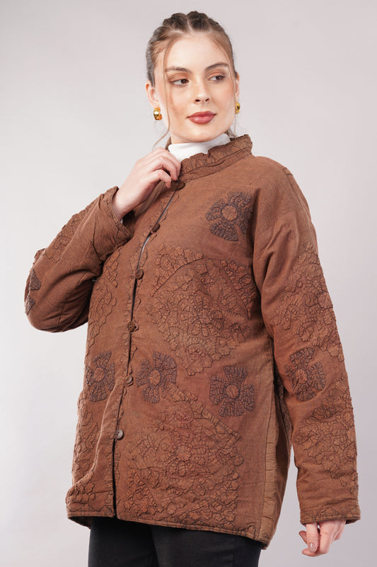 Embroidered Brown Cotton Jacket – Zip Front, Textured Floral Motifs & Artisan Heritage Outerwear