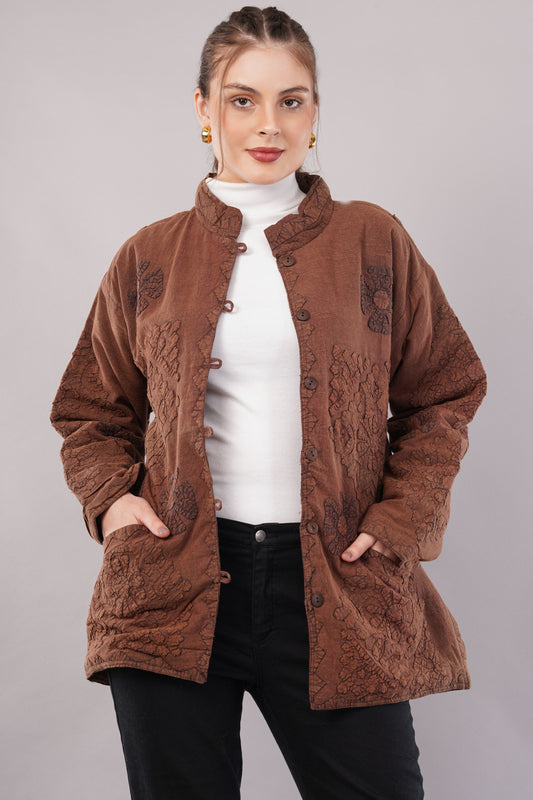 Embroidered Brown Cotton Jacket – Zip Front, Textured Floral Motifs & Artisan Heritage Outerwear