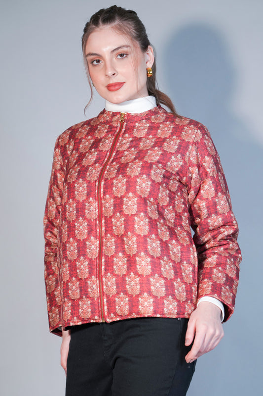 Embroidered Red Cotton Jacket – Zip Front, Gold Floral Motifs & Elegant Artisan Outerwear
