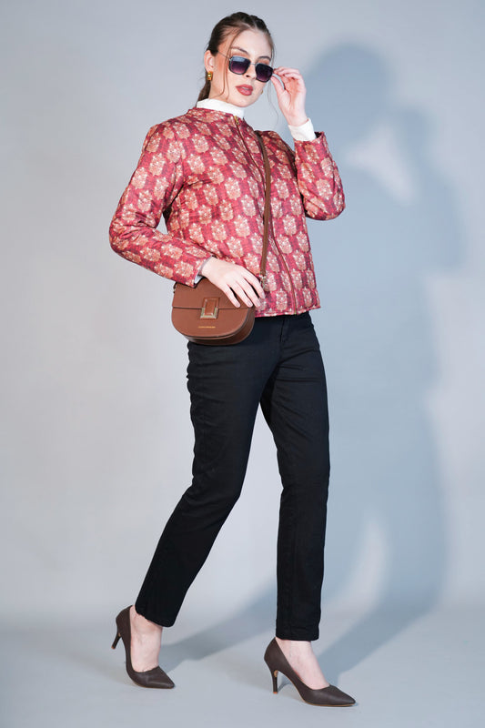 Embroidered Red Cotton Jacket – Zip Front, Gold Floral Motifs & Elegant Artisan Outerwear