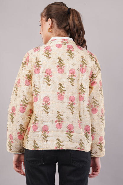 Embroidered Cream Cotton Jacket – Zip Front, Pink Floral Motifs & Delicate Artisan Outerwear
