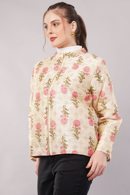 Embroidered Cream Cotton Jacket – Zip Front, Pink Floral Motifs & Delicate Artisan Outerwear