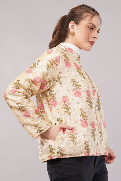 Embroidered Cream Cotton Jacket – Zip Front, Pink Floral Motifs & Delicate Artisan Outerwear