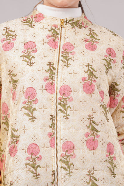Embroidered Cream Cotton Jacket – Zip Front, Pink Floral Motifs & Delicate Artisan Outerwear
