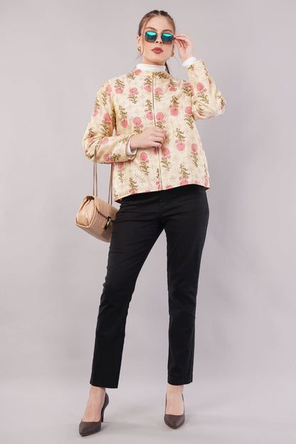 Embroidered Cream Cotton Jacket – Zip Front, Pink Floral Motifs & Delicate Artisan Outerwear
