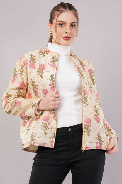 Embroidered Cream Cotton Jacket – Zip Front, Pink Floral Motifs & Delicate Artisan Outerwear