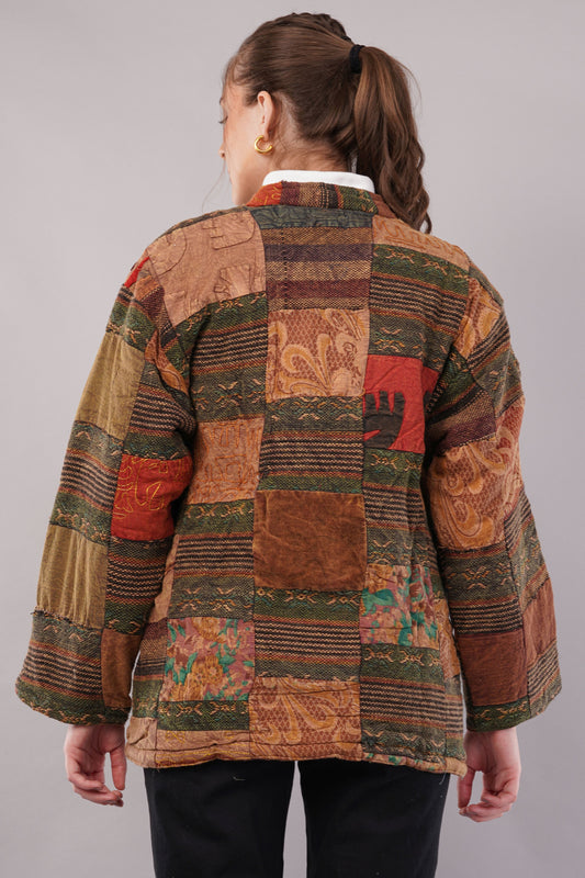 Patchwork Cotton Jacket – Multicolored Textured Panels, Button Front & Artisan Statement Outerwear