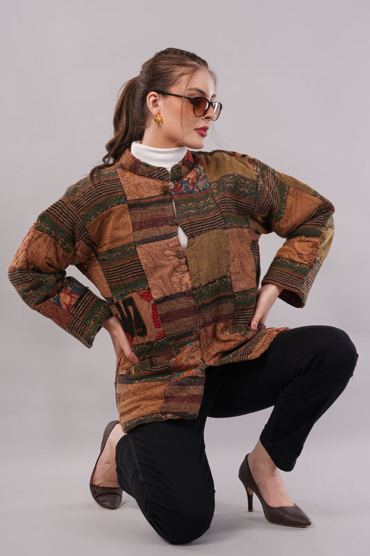 Patchwork Cotton Jacket – Multicolored Textured Panels, Button Front & Artisan Statement Outerwear