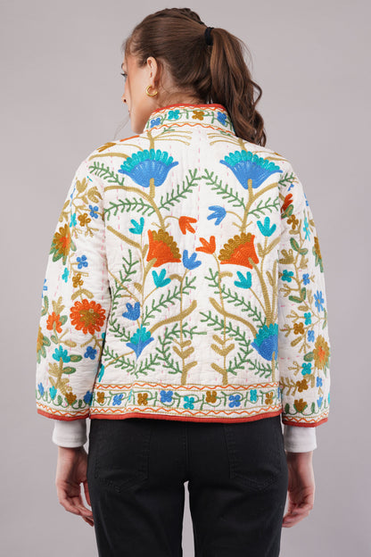 Suzani Velvet Embroidered Jacket – Botanical Motif  White Multicolor  Artisan Handmade Luxury