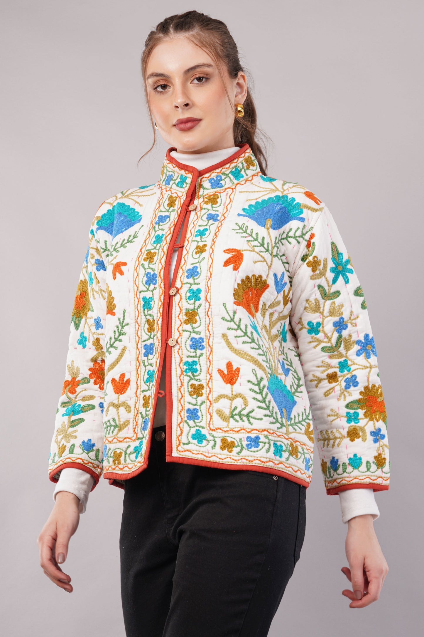 Suzani Velvet Embroidered Jacket – Botanical Motif  White Multicolor  Artisan Handmade Luxury