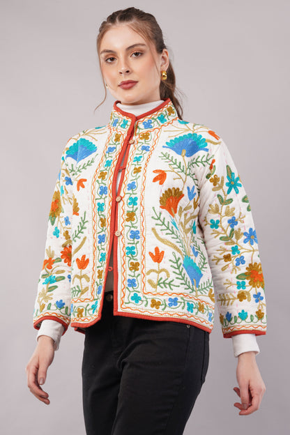 Suzani Velvet Embroidered Jacket – Botanical Motif  White Multicolor  Artisan Handmade Luxury