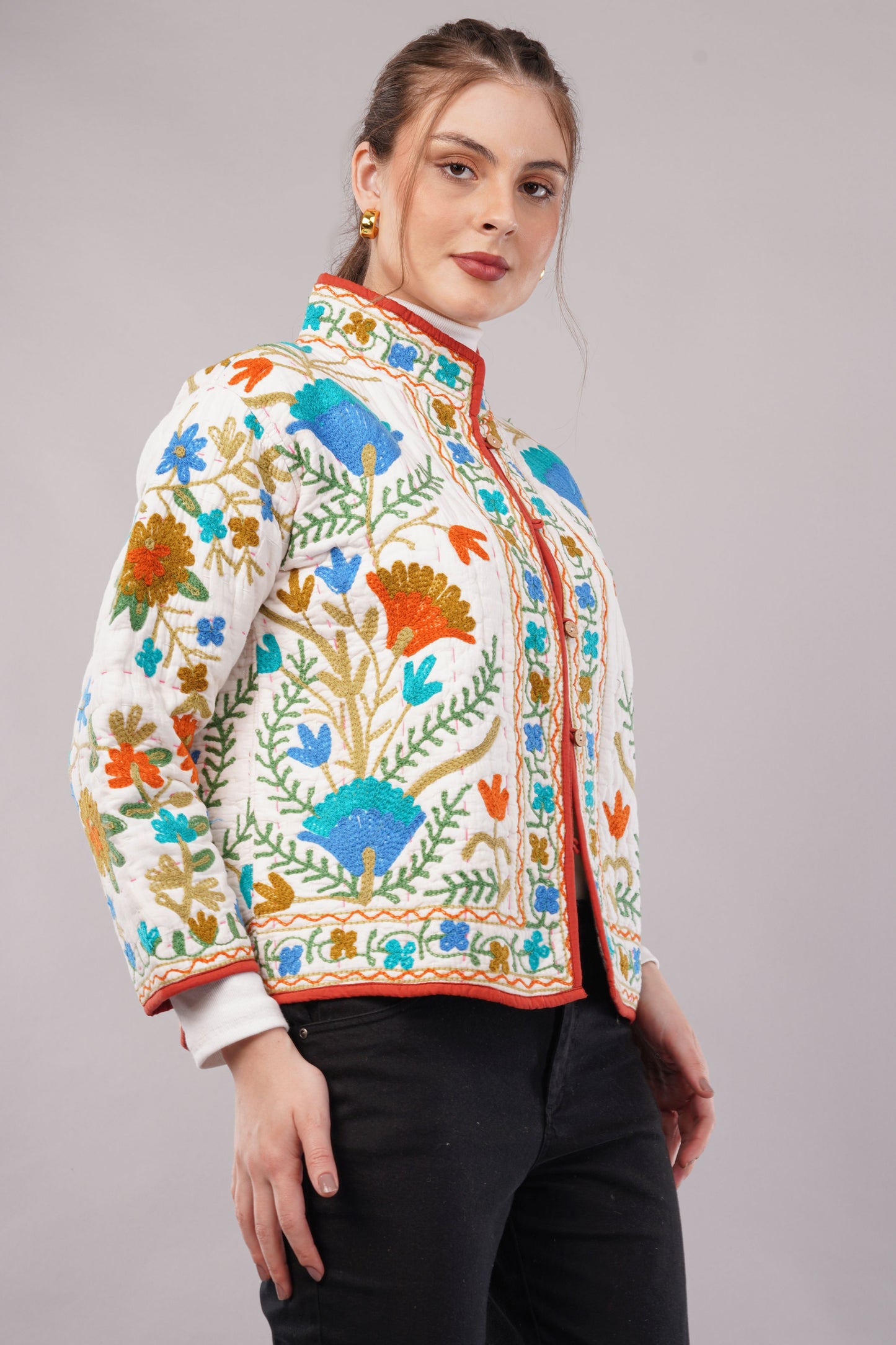 Suzani Velvet Embroidered Jacket – Botanical Motif  White Multicolor  Artisan Handmade Luxury