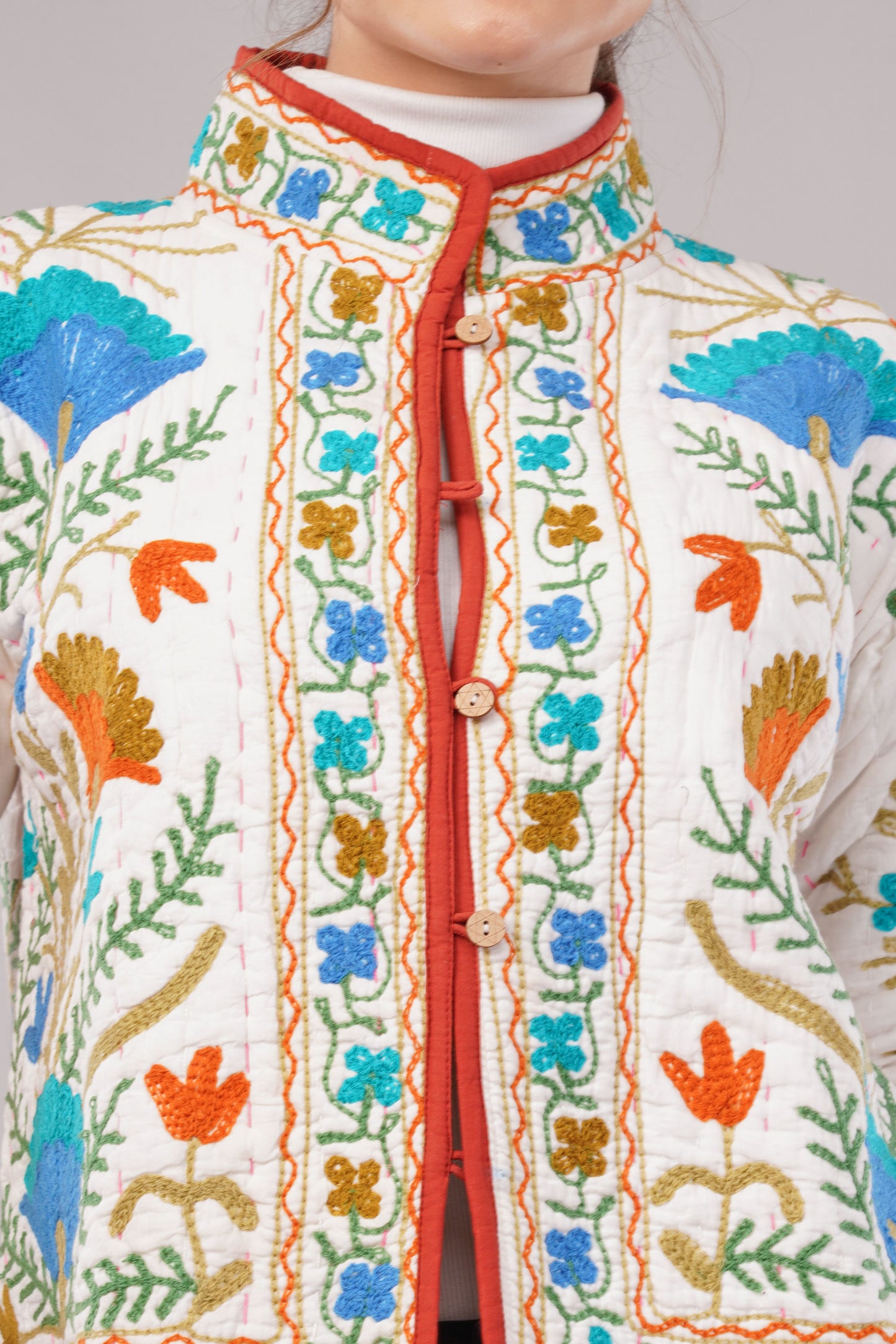 Suzani Velvet Embroidered Jacket – Botanical Motif  White Multicolor  Artisan Handmade Luxury