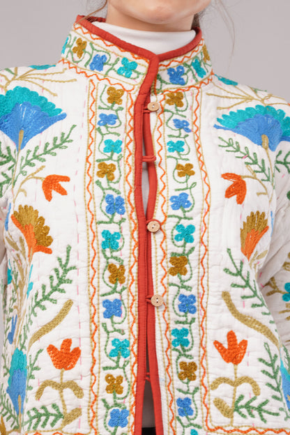 Suzani Velvet Embroidered Jacket – Botanical Motif  White Multicolor  Artisan Handmade Luxury