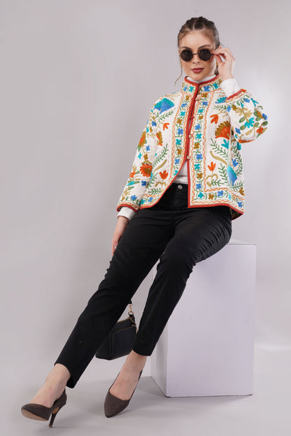 Suzani Velvet Embroidered Jacket – Botanical Motif  White Multicolor  Artisan Handmade Luxury