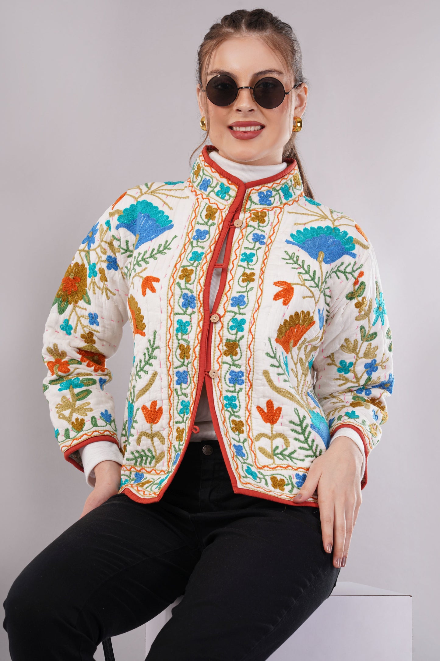 Suzani Velvet Embroidered Jacket – Botanical Motif  White Multicolor  Artisan Handmade Luxury