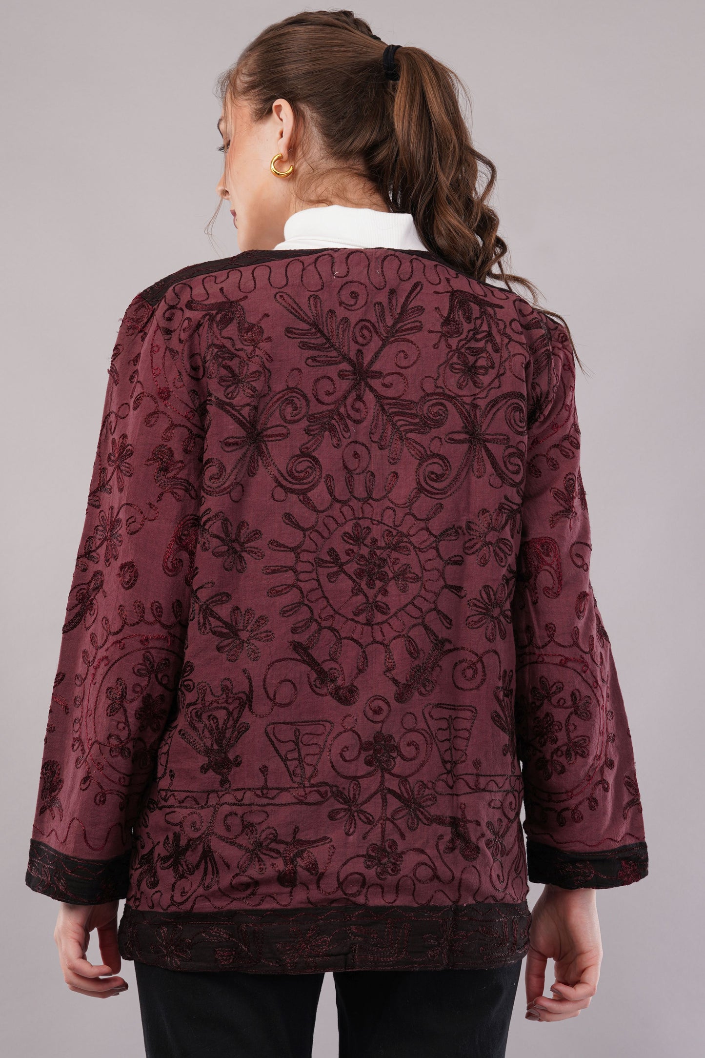 Suzani Velvet Jacket – Maroon Floral Embroidery Handcrafted Winter Coat