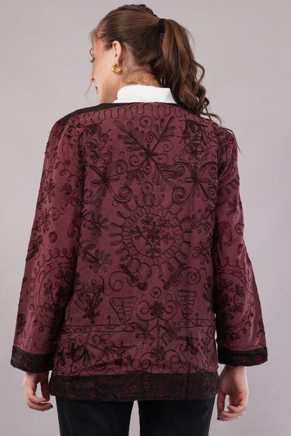 Suzani Velvet Jacket – Maroon Floral Embroidery Handcrafted Winter Coat