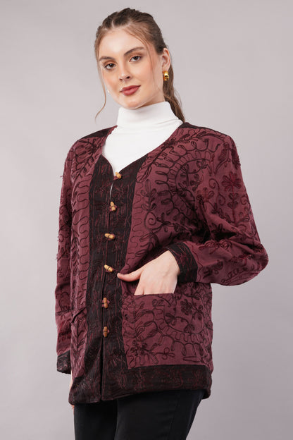 Suzani Velvet Jacket – Maroon Floral Embroidery Handcrafted Winter Coat