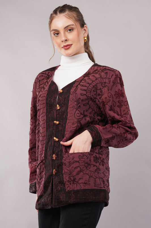 Suzani Velvet Jacket – Maroon Floral Embroidery Handcrafted Winter Coat