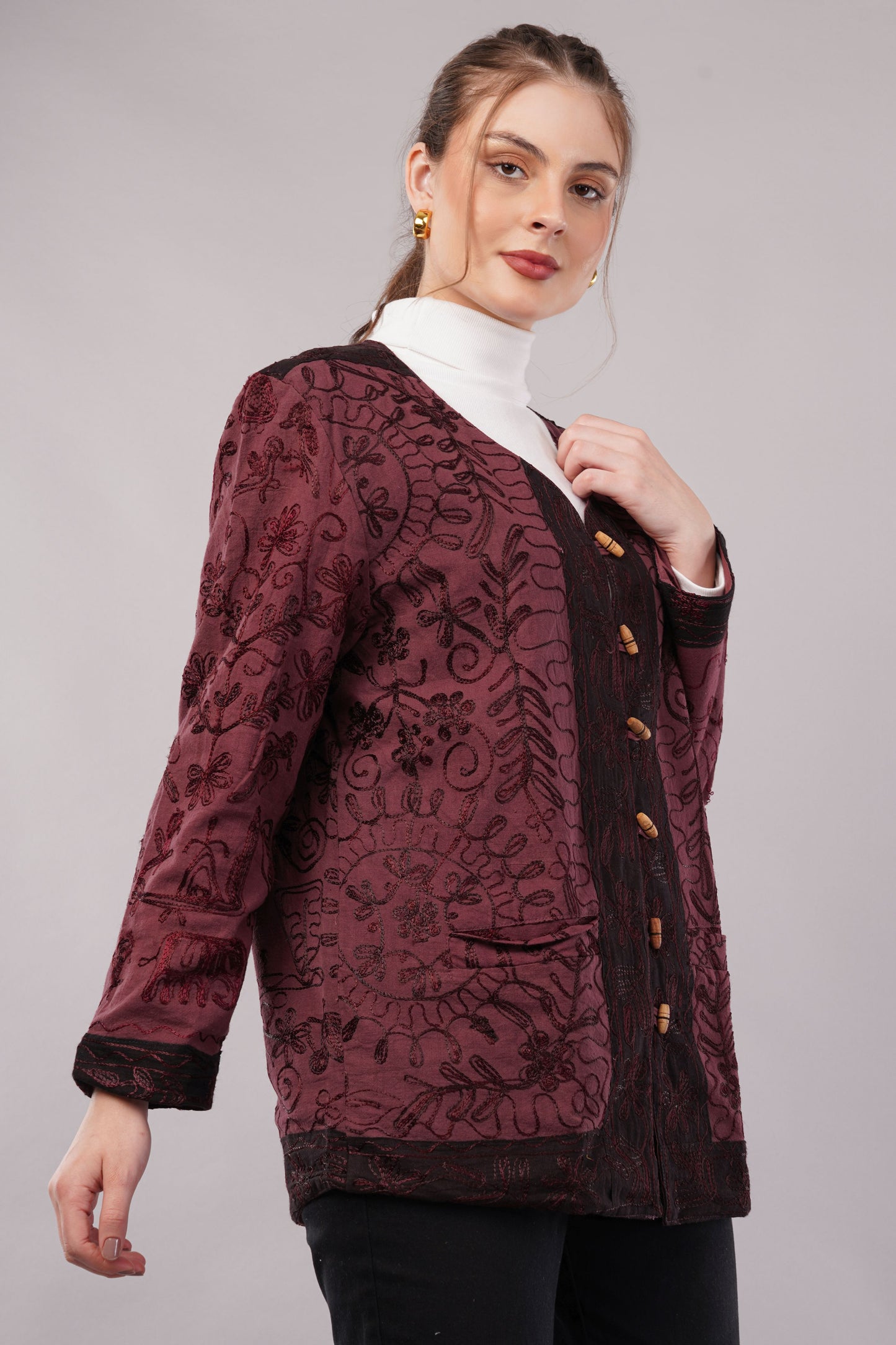 Suzani Velvet Jacket – Maroon Floral Embroidery Handcrafted Winter Coat