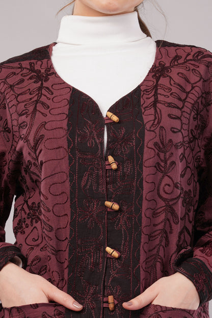 Suzani Velvet Jacket – Maroon Floral Embroidery Handcrafted Winter Coat