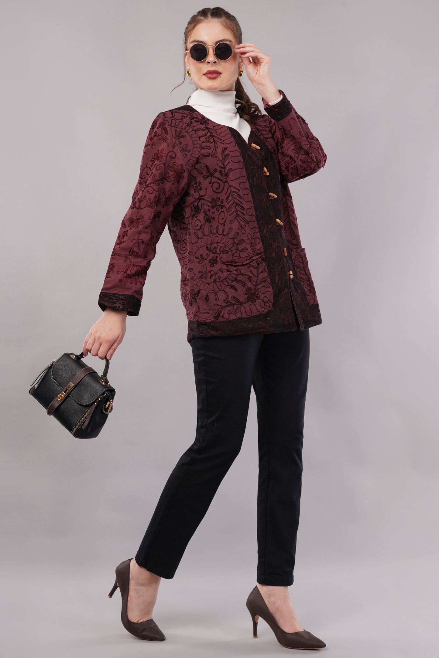 Suzani Velvet Jacket – Maroon Floral Embroidery Handcrafted Winter Coat