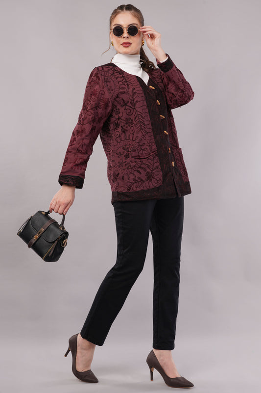 Suzani Velvet Jacket – Maroon Floral Embroidery Handcrafted Winter Coat