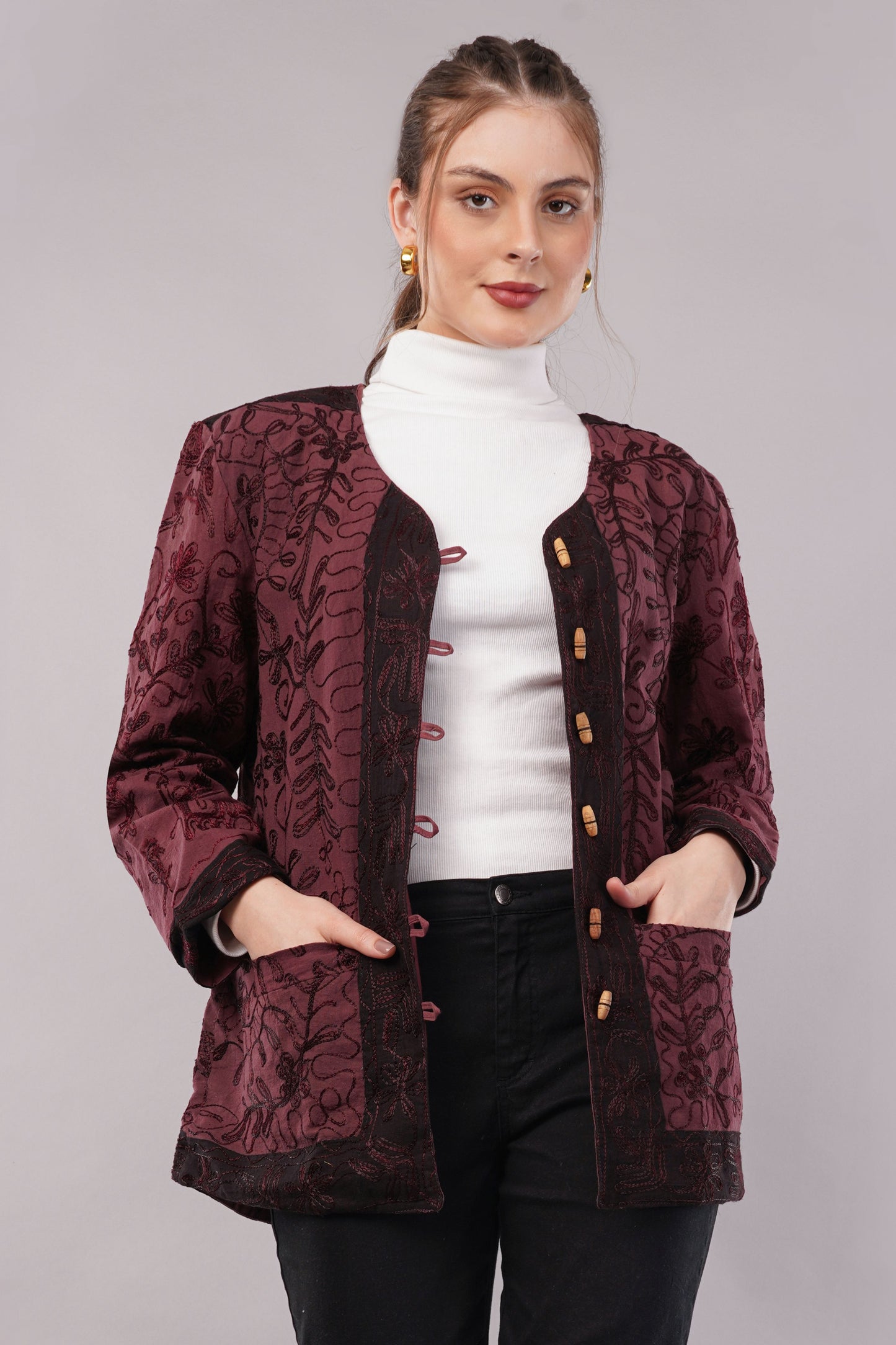 Suzani Velvet Jacket – Maroon Floral Embroidery Handcrafted Winter Coat