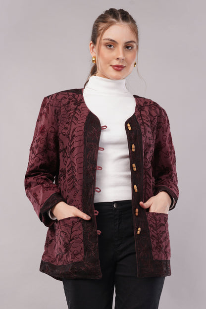 Suzani Velvet Jacket – Maroon Floral Embroidery Handcrafted Winter Coat