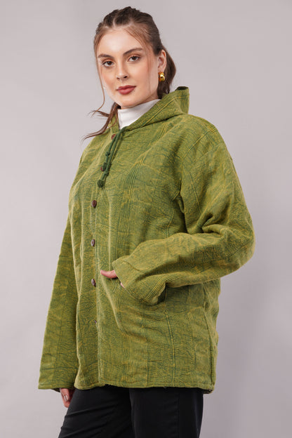 Green Textured Cotton Jacket with Hoodie Pullover & Toggle Buttons – Outerwear