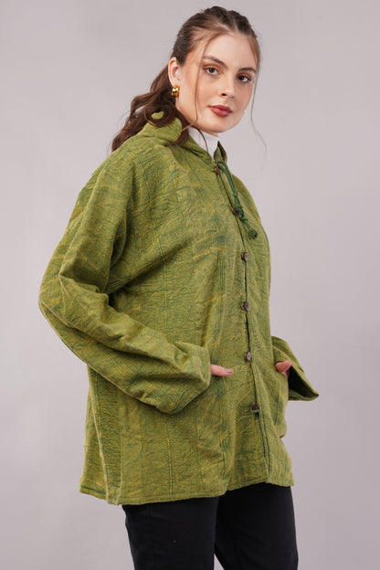 Green Textured Cotton Jacket with Hoodie Pullover & Toggle Buttons – Outerwear