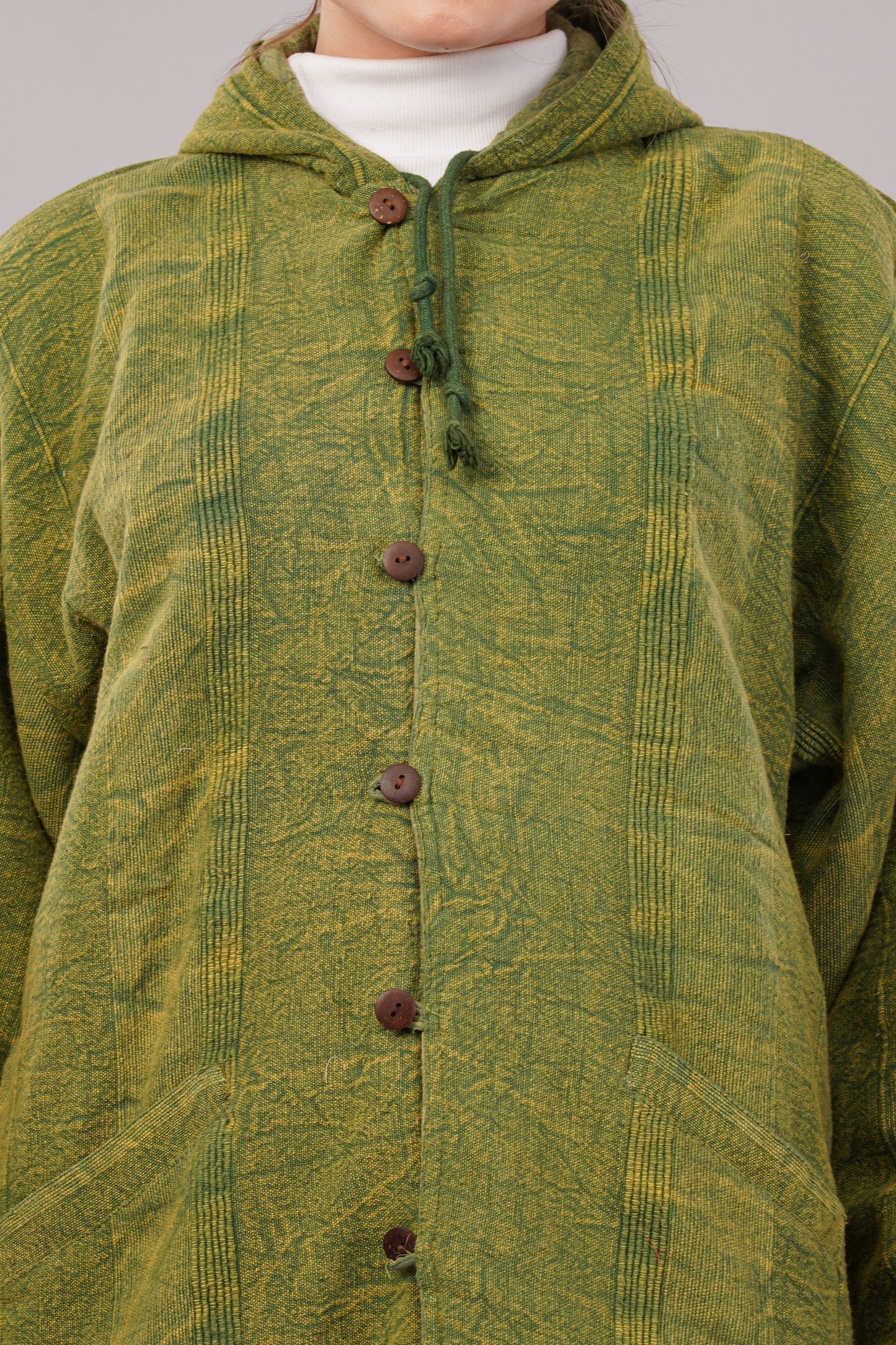 Green Textured Cotton Jacket with Hoodie Pullover & Toggle Buttons – Outerwear