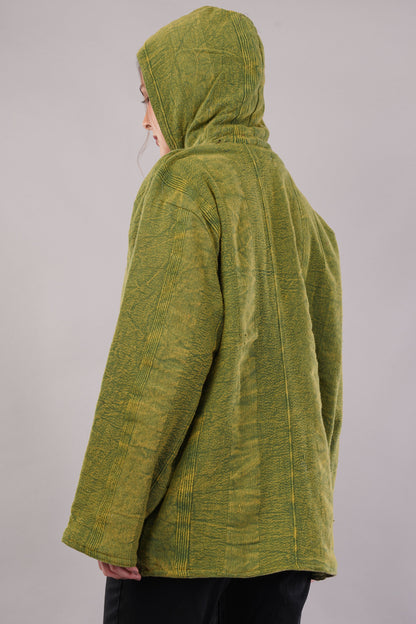 Green Textured Cotton Jacket with Hoodie Pullover & Toggle Buttons – Outerwear