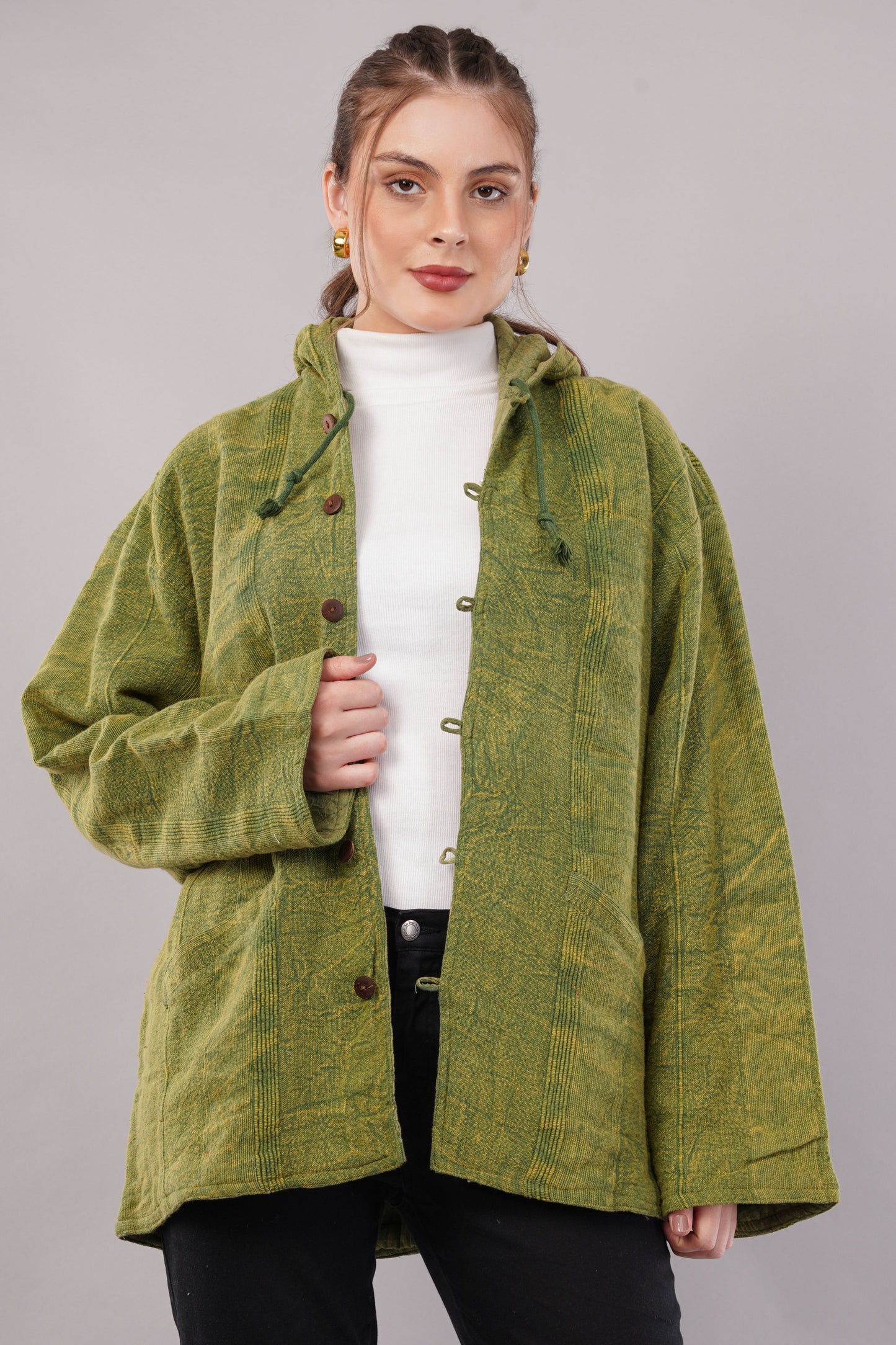 Green Textured Cotton Jacket with Hoodie Pullover & Toggle Buttons – Outerwear
