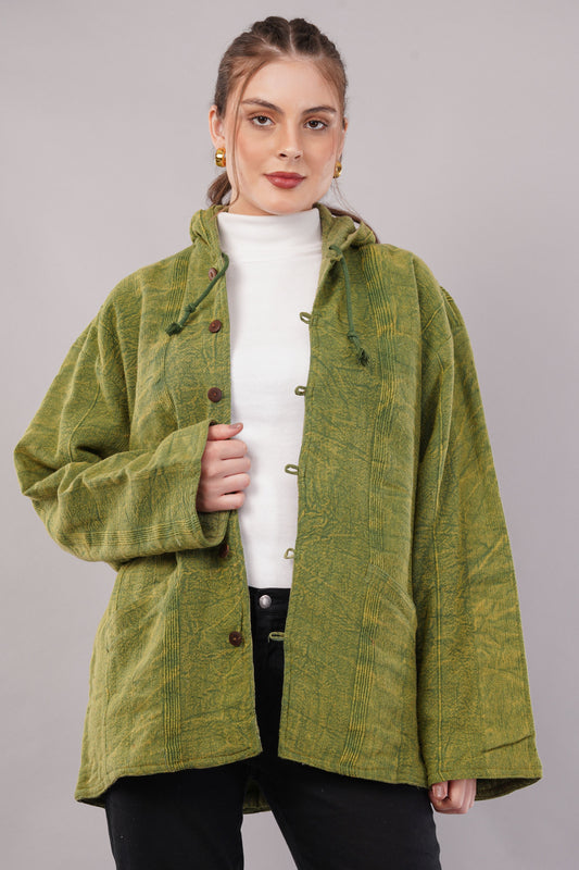 Green Textured Cotton Jacket with Hoodie Pullover & Toggle Buttons – Outerwear