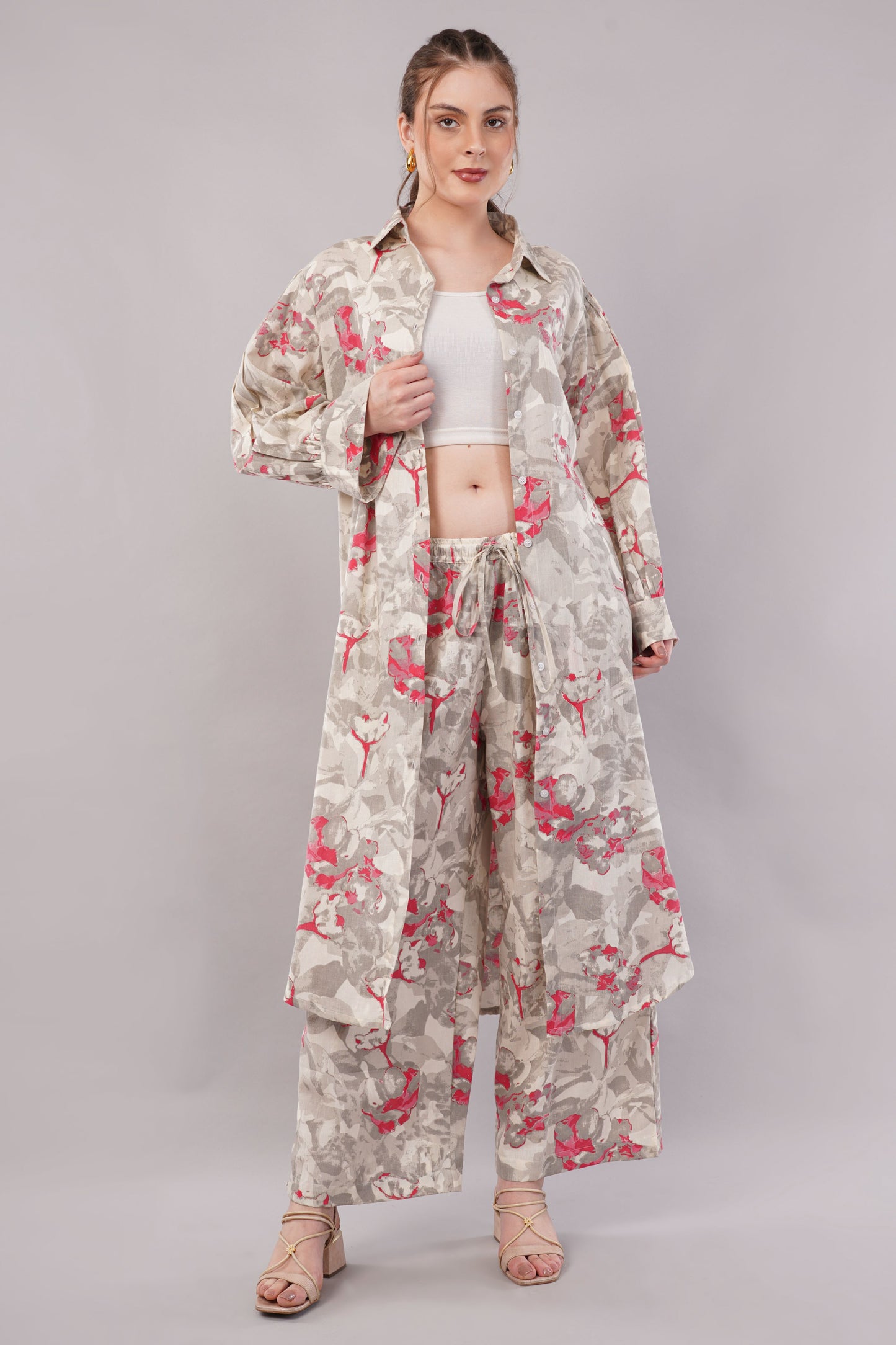 Beige Floral Print Co-Ord Set for Women | Shirt Tunic & Wide Leg Pants