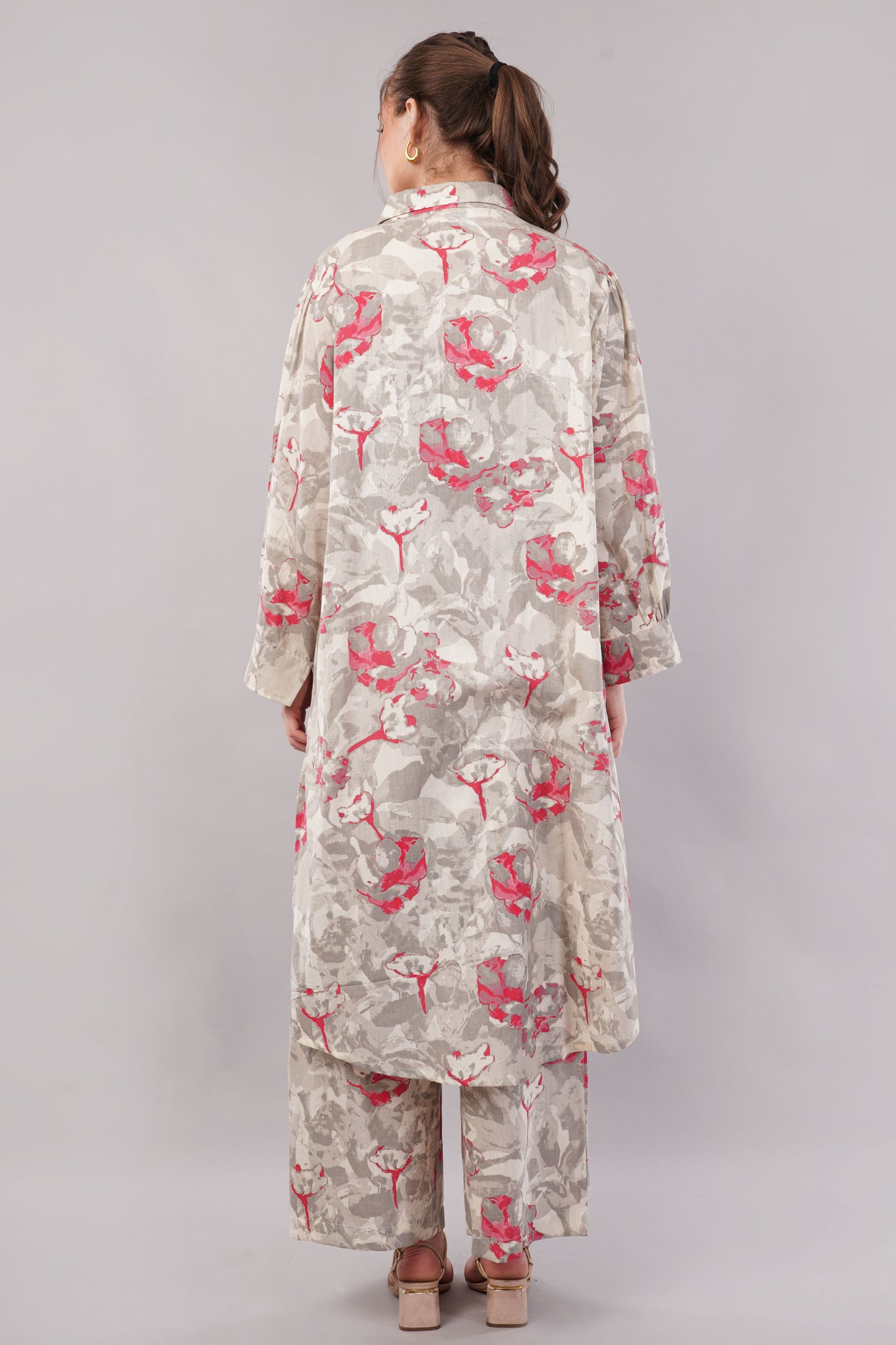 Beige Floral Print Co-Ord Set for Women | Shirt Tunic & Wide Leg Pants