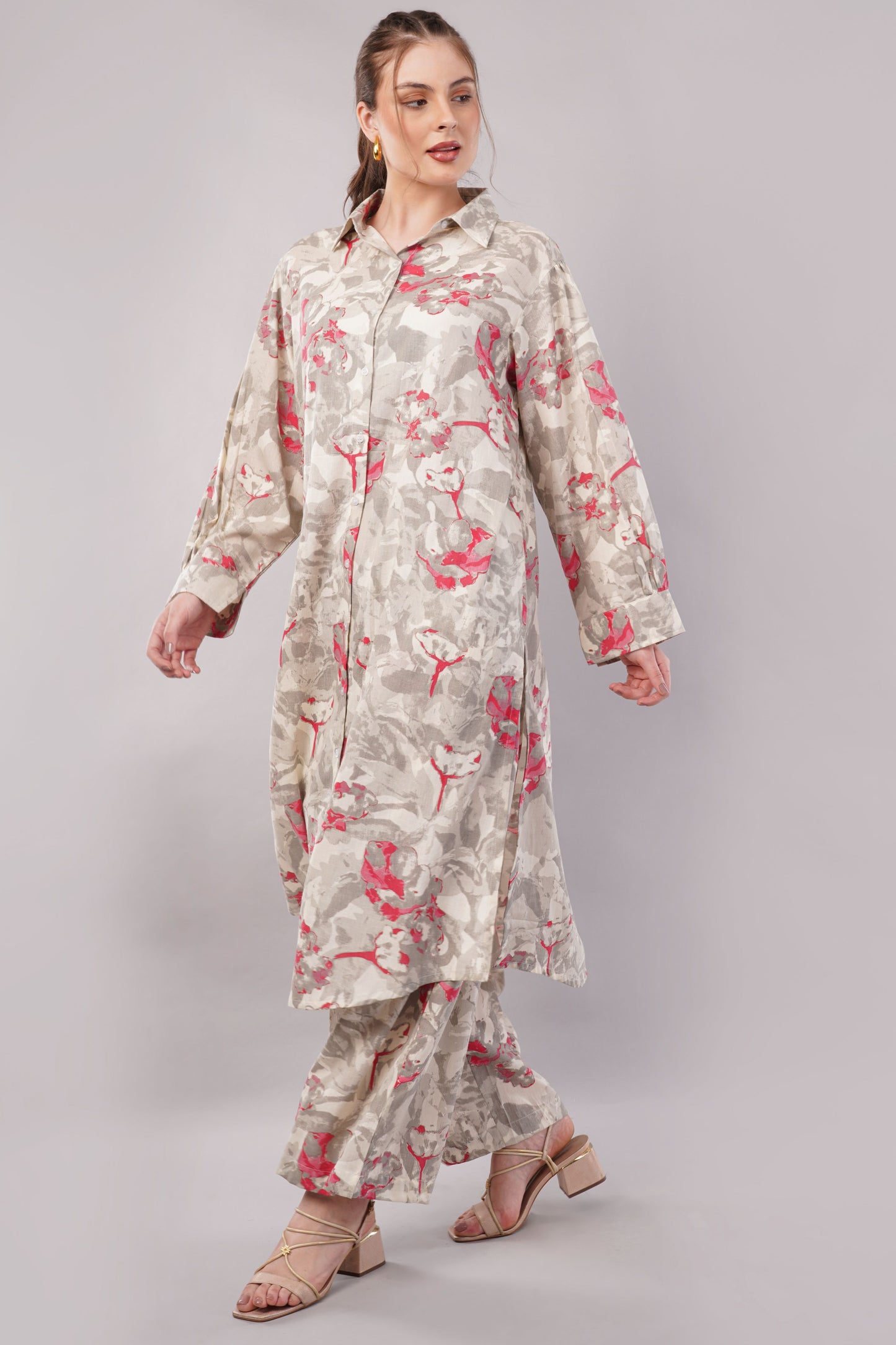 Beige Floral Print Co-Ord Set for Women | Shirt Tunic & Wide Leg Pants