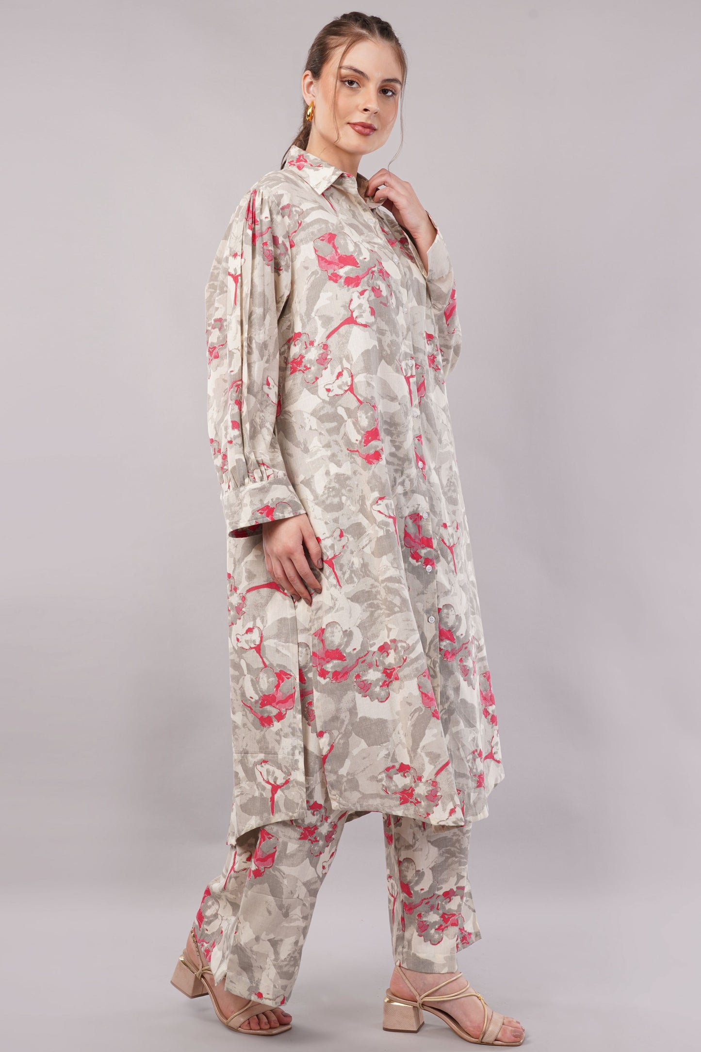 Beige Floral Print Co-Ord Set for Women | Shirt Tunic & Wide Leg Pants