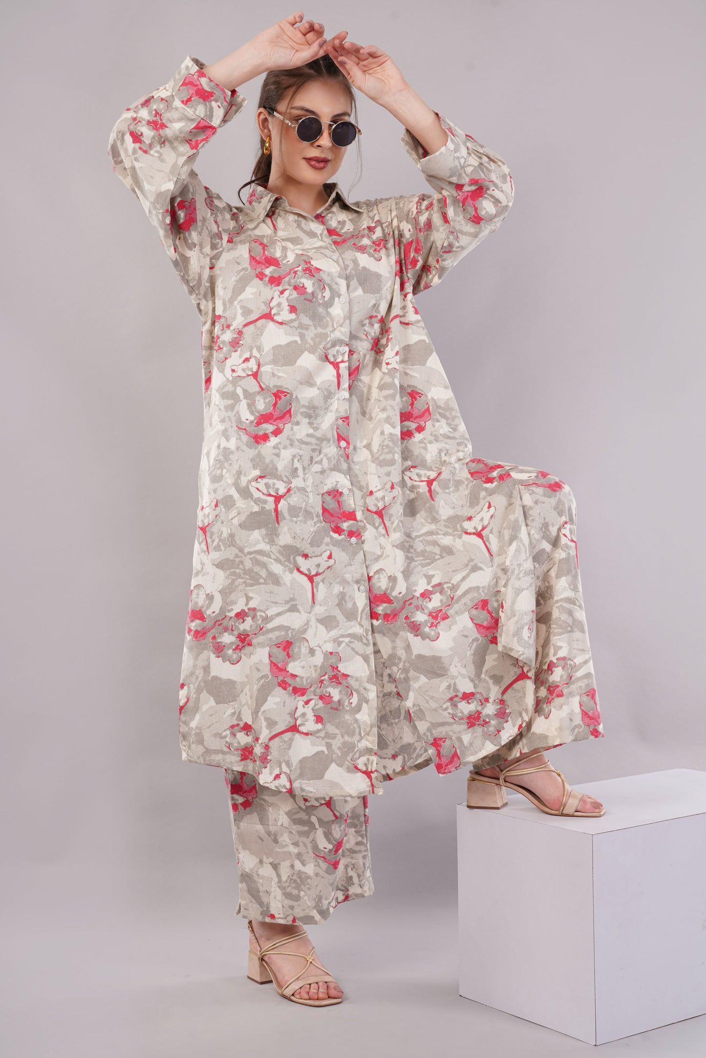 Beige Floral Print Co-Ord Set for Women | Shirt Tunic & Wide Leg Pants