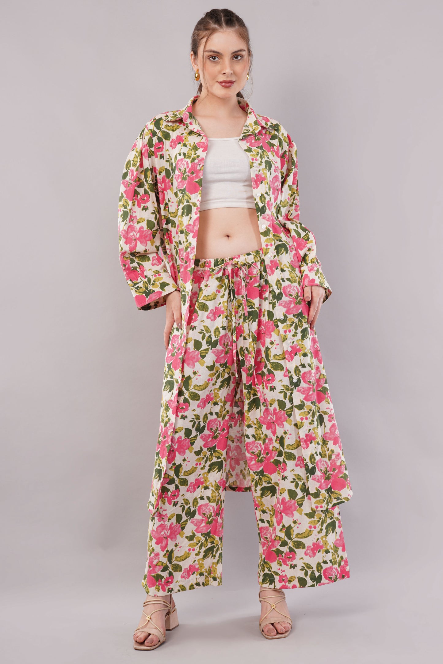 Women’s Floral Printed Co-Ord Set – Long Button-Down Shirt & Wide-Leg Pants Two-Piece Outfit