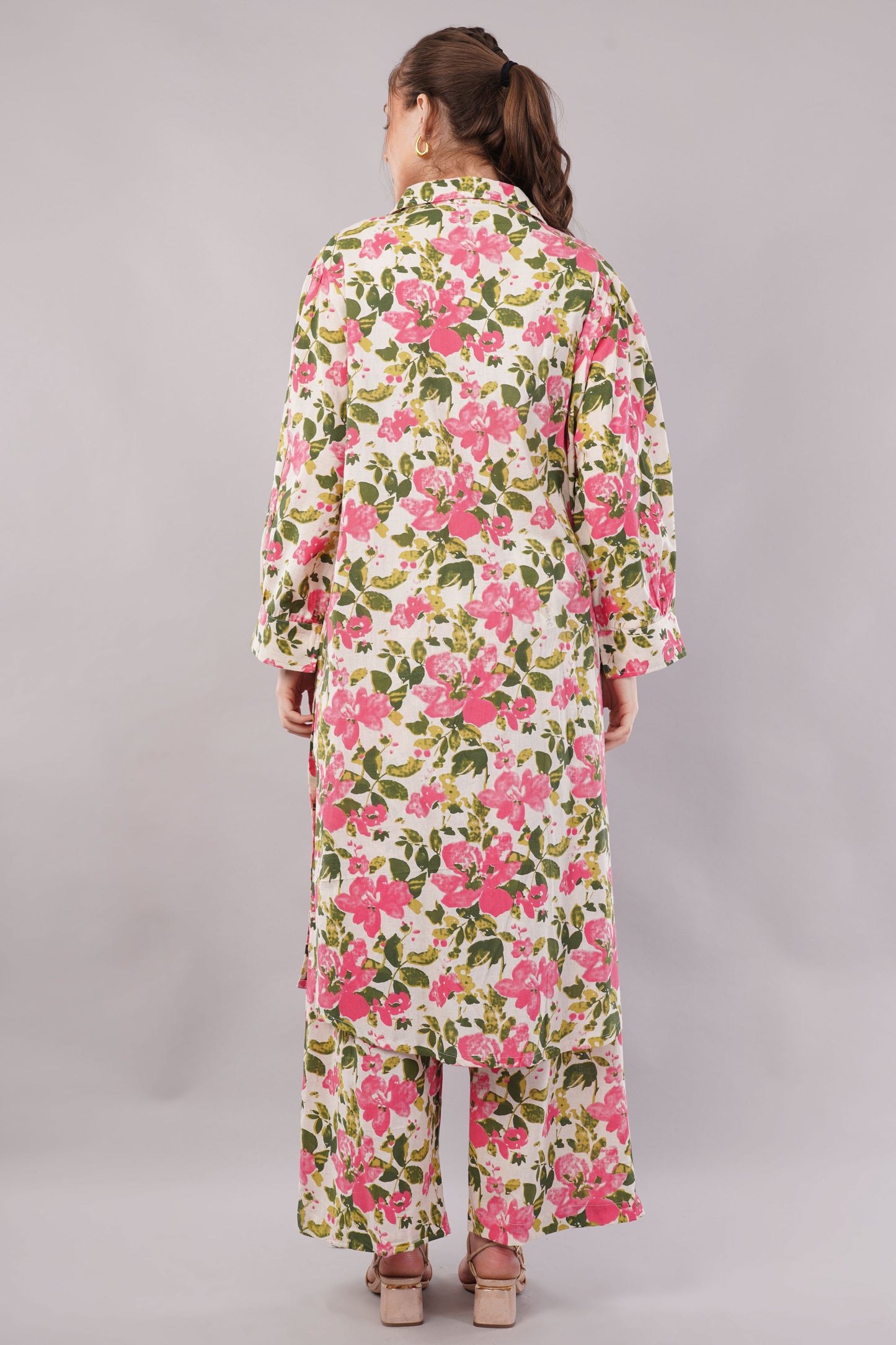 Women’s Floral Printed Co-Ord Set – Long Button-Down Shirt & Wide-Leg Pants Two-Piece Outfit